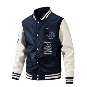 Casual Men Quilted Jackets High Quality Leather Sleeve Vintage Baseball Coat Fashion Trend Blue Black Spring Autumn Winter 2022 (Color: Navy blue)