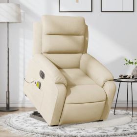 Electric Stand up Massage Recliner Chair Cream Fabric (Color: Cream)