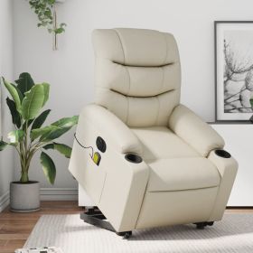 Electric Stand up Massage Recliner Chair Cream Faux Leather (Color: Cream)