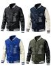 Casual Men Quilted Jackets High Quality Leather Sleeve Vintage Baseball Coat Fashion Trend Blue Black Spring Autumn Winter 2022